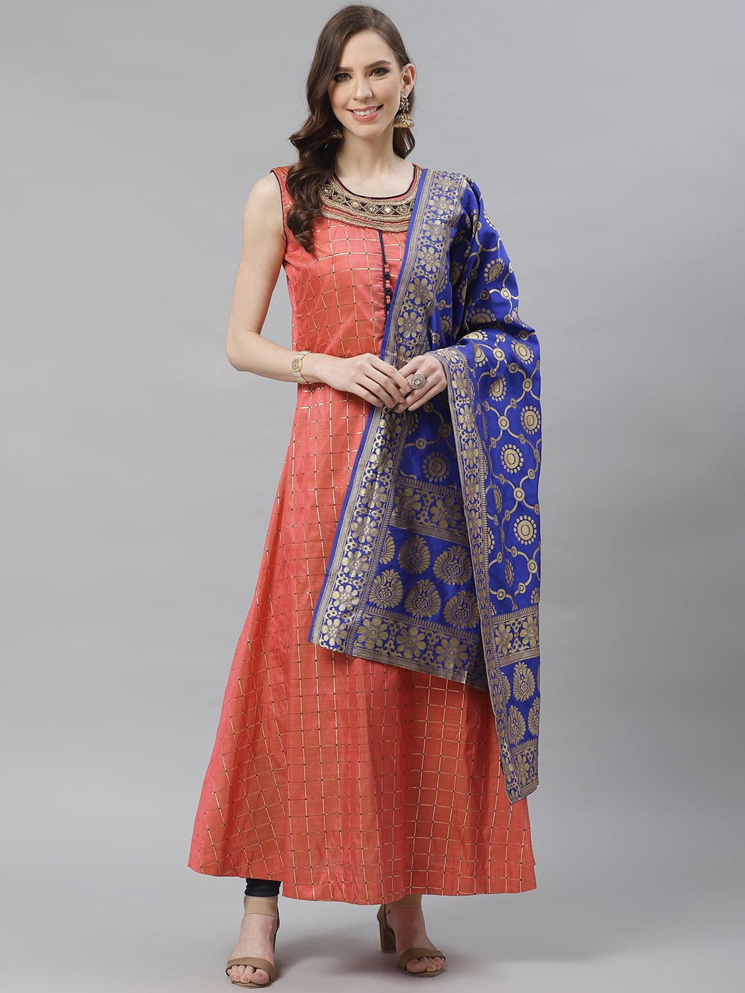 Made to Measure Pastel Woven Embroidered Anarkali Set with Contrast Banarasi Dupatta